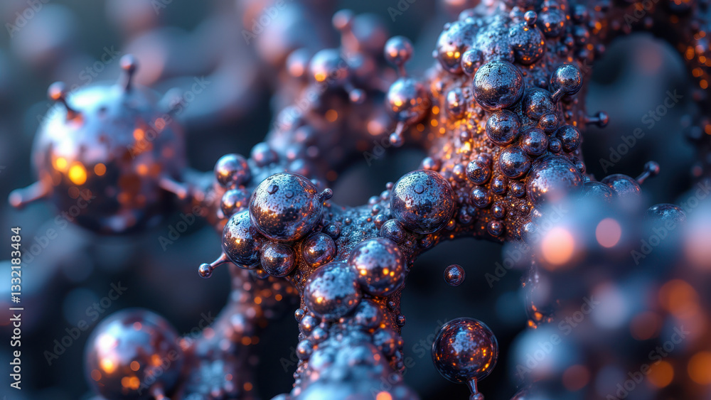 Poster a close-up view of a molecular structure with spherical atoms connected by bonds.