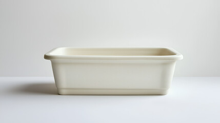 A minimalist, rectangular cream-colored container sits on a neutral surface, showcasing its simple design and practical use.