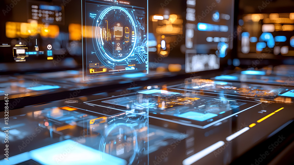 Poster showcasing futuristic innovations digital display photostock high-tech environment close-up view mod