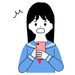 スマートフォンを見て驚く女子学生のイラスト