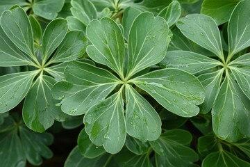 Fresh yellow-green leaves on a branch, accompanied by dewy green leaves on a twig and water droplets, make for a beautiful wild foliage scenery, captured in a close-up botanical photo with selective