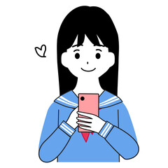 笑顔でスマートフォンを持つ女子学生のイラスト