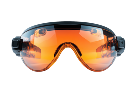 Futuristic protective goggles with orange lenses against a white isolated background, ideal for showcasing innovative eyewear designs.