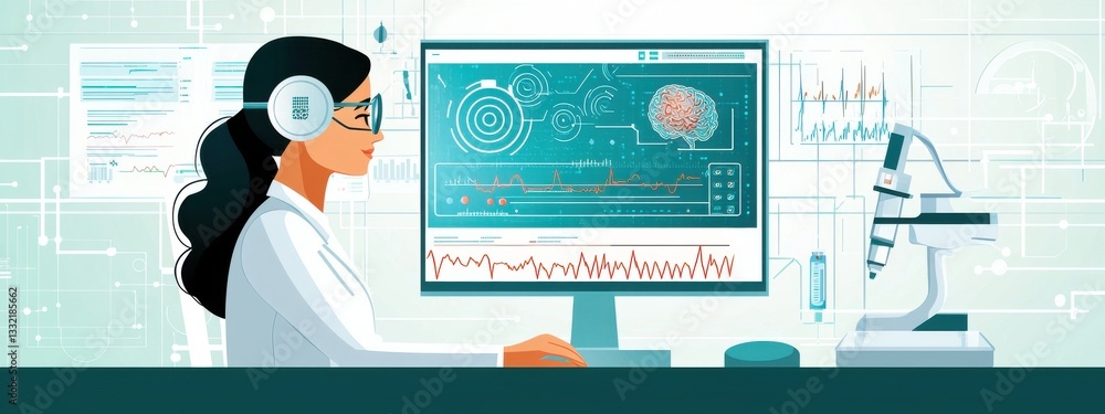 Poster female scientist analyzing data with advanced technology in lab