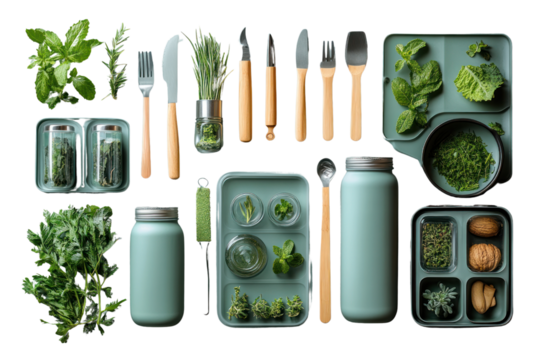 Herbs and gardening tools arranged neatly on a flat surface for culinary preparation and cooking.