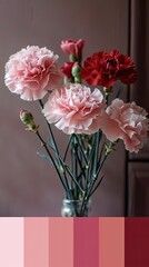 Fototapeta premium A stylish bouquet of pink carnations arranged in a matching pink ceramic vase, surrounded by soft draped fabric with a pastel-themed background.