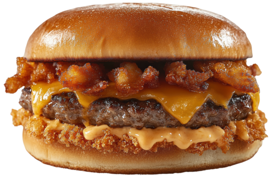 Juicy hamburger with cheddar cheese, crispy chicken, and flavorful sauce, presented on a soft bun. Perfect for delicious meal ideas.