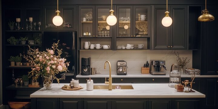 Elegant Dark Kitchen Interior with Gold Accents and Pink Flowers
