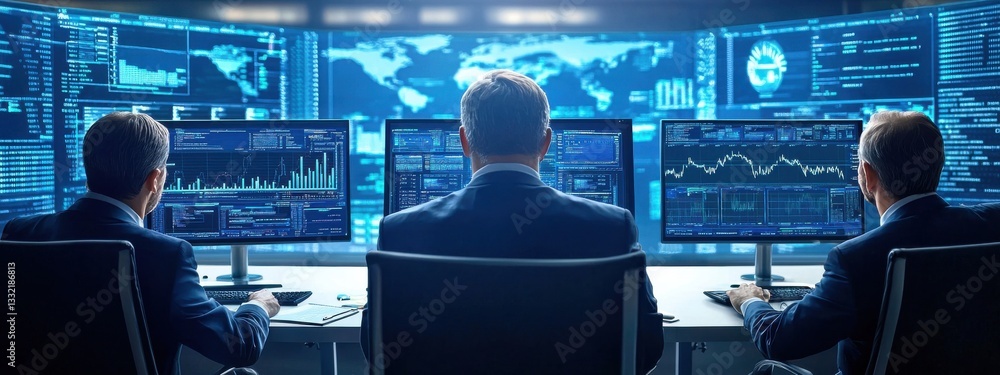 Poster three business professionals analyzing data on multiple computer screens