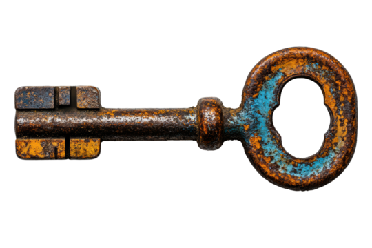 Old vintage key with rust and colorful patina on a white background, perfect for design projects and historical themes.