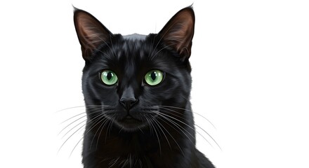 Black Cat Portrait with Green Eyes - Isolated on White