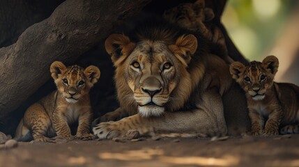 Asiatic Lion Family Under a Tree