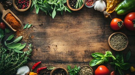 From above, an assortment of fresh herbs and spices is arranged on a wooden surface, leaving empty space for text