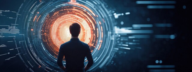 Person Standing in Front of Abstract Digital Portal Concept