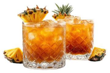 Refreshing cocktails served in elegant glassware, garnished with pineapple on a white isolated background.