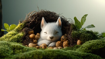 Adorable white fox cub sleeping peacefully in a bird's nest nestled in moss.