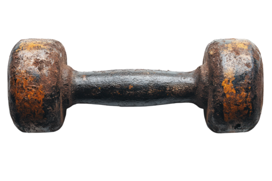 Rusty metal dumbbell on a white isolated background, symbol of strength training and fitness.