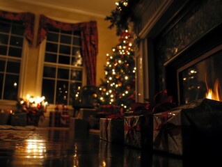 A warmly lit room with fireplace and decorated christmas tree