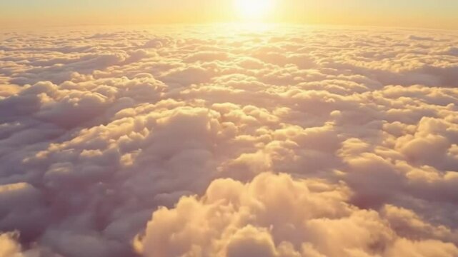 Flight above fluffy clouds towards the rising sun, illuminating the horizon with golden light. An atmosphere of serenity and majestic sky beauty.