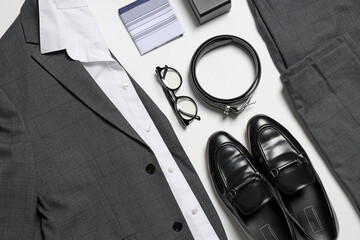 Elegant men's outfit. Stylish suit, accessories and shoes on white background, flat lay