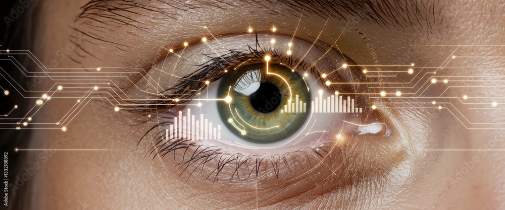 Aufkleber close-up of human eye with overlaid digital circuit and data patterns, symbolizing technological adv