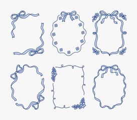 Coquette set of frames with blue bows, ribbons, flowers, leaves, lace. Holiday trendy borders. Vintage whimsical background for greeting cards, wedding, invitations, social media