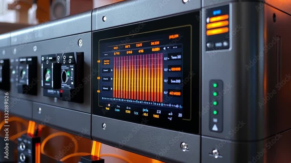 Poster advanced audio equipment display with colorful sound visualization in a modern studio setting