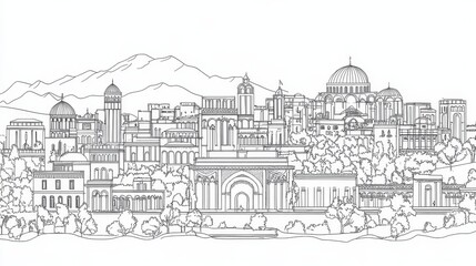 Obraz premium Armenian Cityscape Line Art: Ancient Architecture and Mountains - Ancient city, mountainous backdrop, architectural details, urban landscape, cultural heritage
