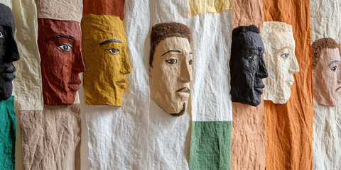 Textile Artwork with Profile Paper Mache Faces