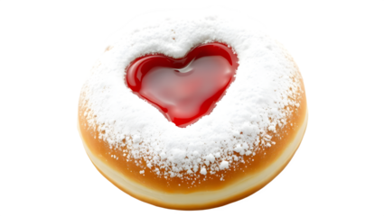 A heart-shaped jelly-filled donut topped with powdered sugar.