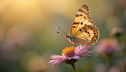 Obraz premium Golden Butterfly on Pink Flower in Soft Sunlight Nature Macro Photography