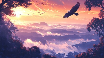 Soaring bald eagle with its wings spread wide gliding above a misty mountain range at dawn