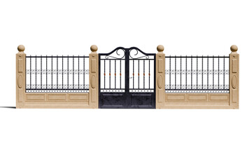 Classic gate with iron railings on transparent background. Closed door. 3D Render