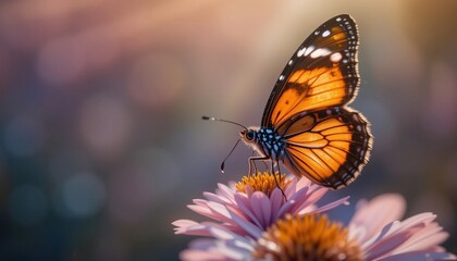 Fototapeta premium Majestic Orange Butterfly on Pink Flower in Soft Golden Sunlight Nature Closeup