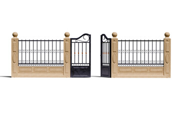 Classic gate with iron railings on transparent background. Open door. 3D Render