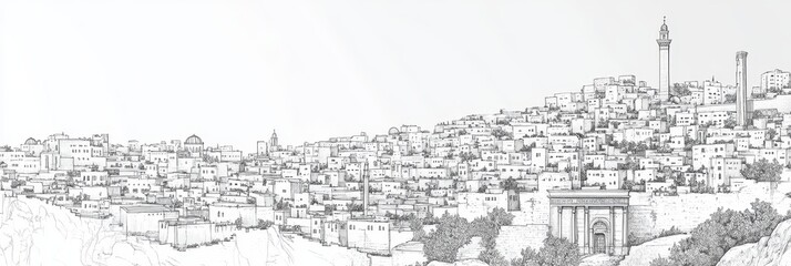 Amman Cityscape Line Art Panorama - A single-line drawing depicting Amman's cityscape, symbolizing history, architecture, culture, community, and urban life. A captivating monochromatic illustration