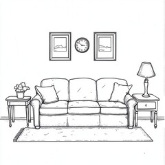Line Drawing of a Minimalist Living Room Interior with Sofa and Accessories