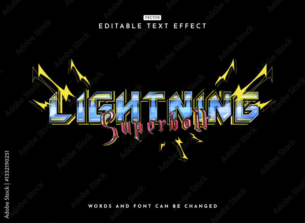Poster lightning superbolt colorful modern retro futuristic chrome text effect with abstract line lightning