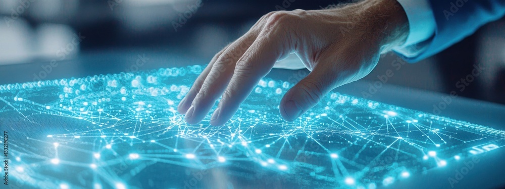 Poster hand interacting with futuristic digital interface and data visualization