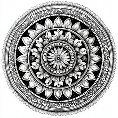 Intricate Black and White Floral Mandala Design with Circular Patterns