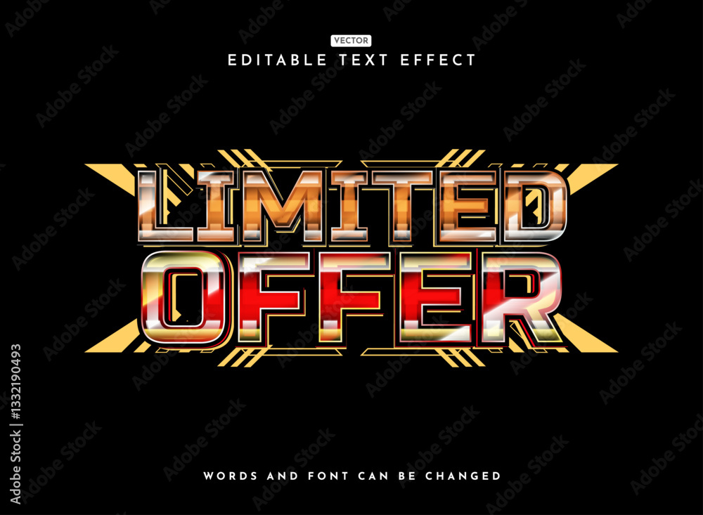 Poster limited offer colorful modern retro futuristic chrome text effect with abstract line tech shape
