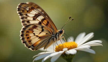 Close up of a Marbled White Butterfly on a Daisy Flower in Nature