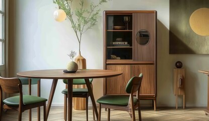 Mid Century Modern Dining Room Interior Dark Wood Furniture Green Chairs Round Table Minimalist Decor