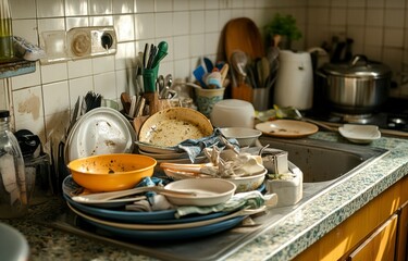 Messy Kitchen with Pile of Dirty Dishes and Utensils in Warm Sunlight