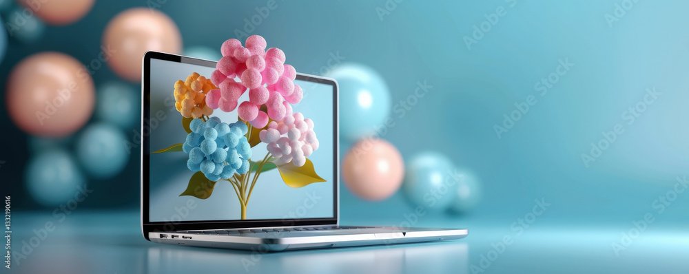 Poster laptop displaying digital artwork of colorful flowers made of spheres, set against blurred backgroun