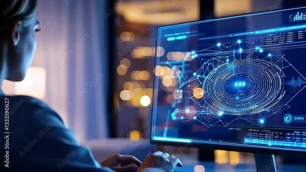 Aufkleber woman interacting with futuristic holographic navigating through interface on computer, developing i