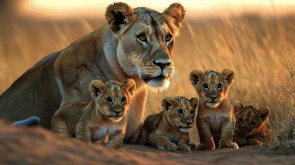 Naklejka premium Lioness and Cubs in African Savanna at Sunrise
