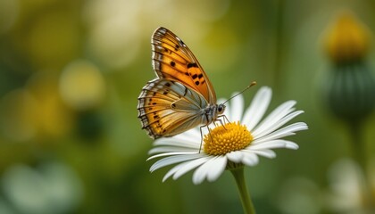 Obraz premium Beautiful Orange Butterfly on White Daisy Flower in Summer Garden