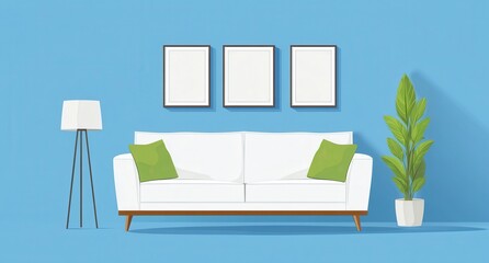 Minimalist Living Room Interior White Sofa, Green Pillows, and Blue Walls