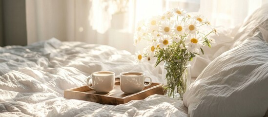 A cozy bedroom with soft, fluffy white bedding and a wooden tray holding two cups of coffee on the bed next to it.
